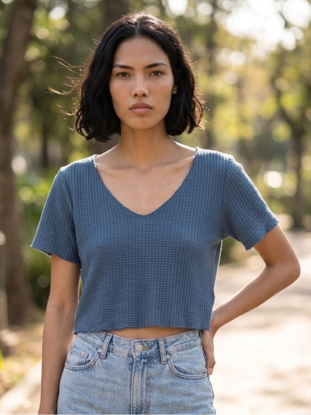 🖼️ SHEIN Dusty Blue V-Neck Cropped Waffle Knit Relaxed Fit Tee | Women’s XS